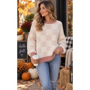 BEARPAW Cream Dusty Rose Checkered Plush Knit Sweater Cozy Pullover